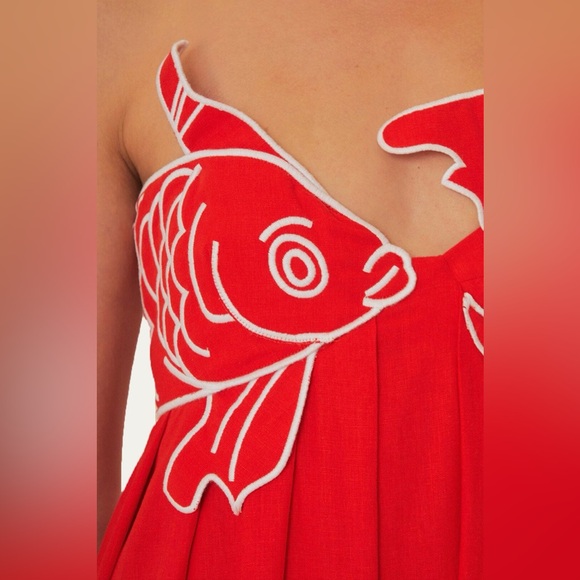 Farm Rio Red Fish Top Linen Blend Strapless Maxi Dress Tropical Appliqué Medium - Picture 5 of 12